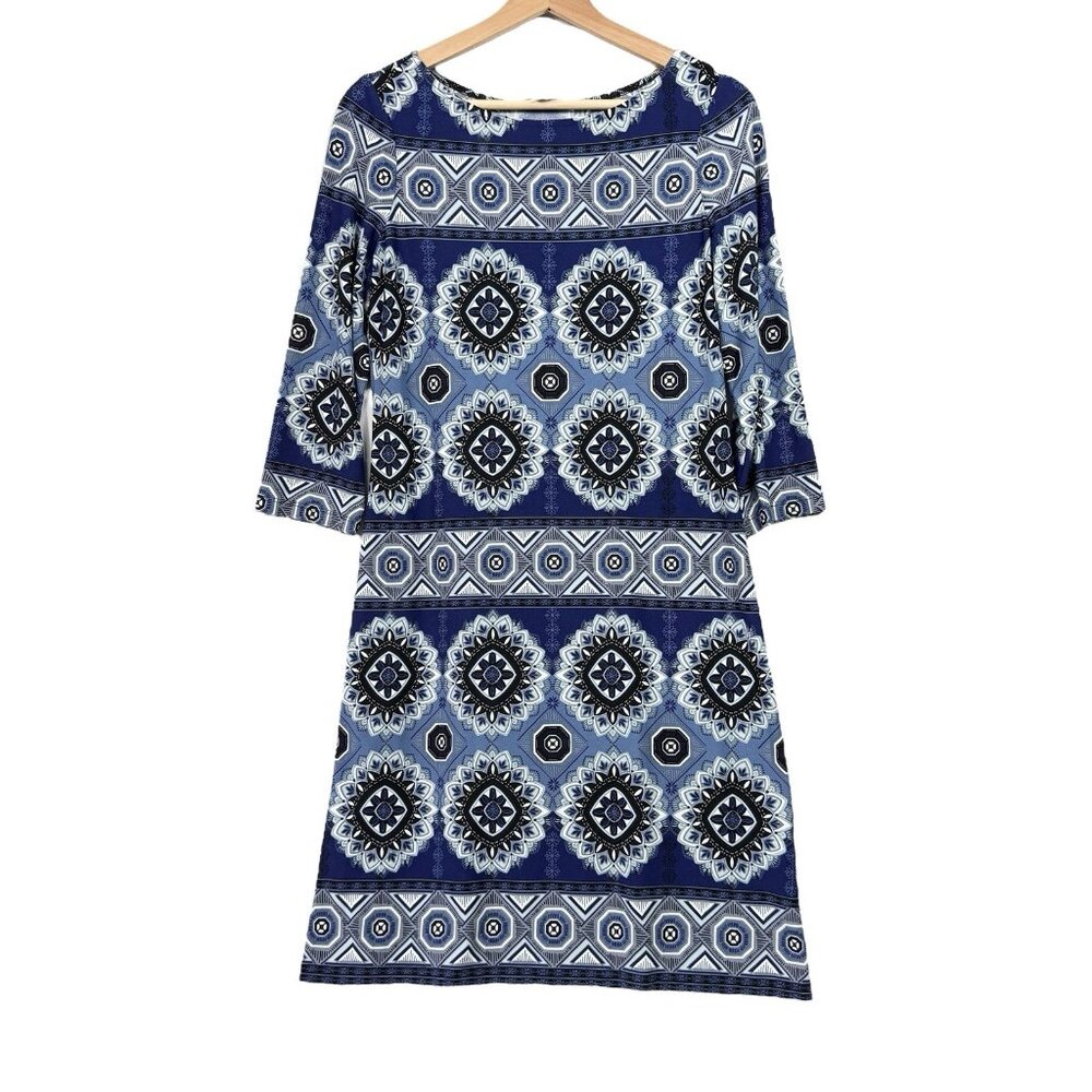 Maggy London Multicolor Shift Dress Size 6 Knee Length 3/4 Sleeve Stretch - Picture 1 of 5